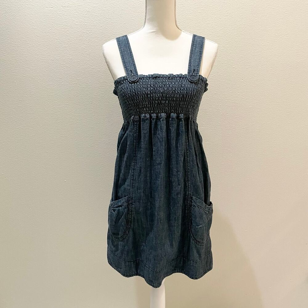 Heritage 1981 Smocked Blue Denim Pinafore Dress With Buttons & Pockets ~ Small